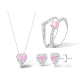 Kit anel Aurora rosa+V cravejado, Colar coração rosa e Brincos coração rosa