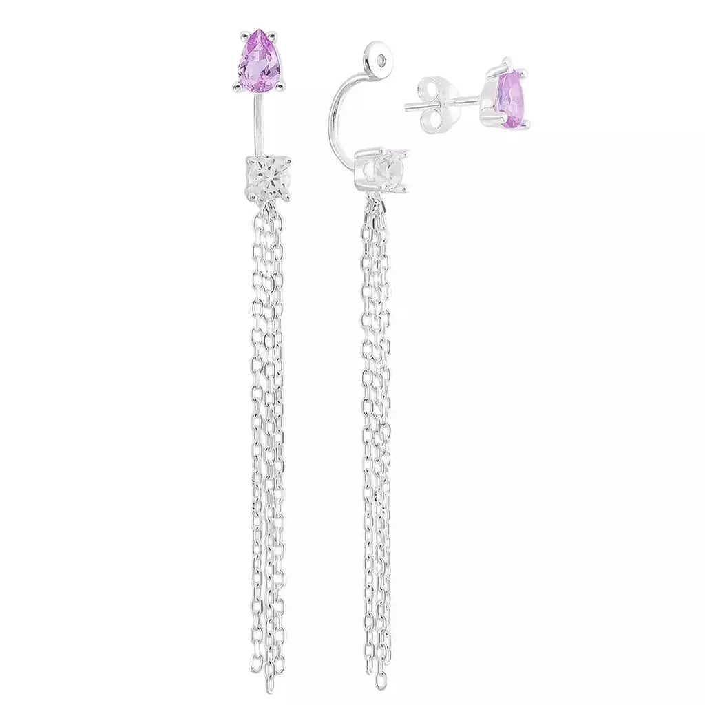 Brinco franja zircônia rosa