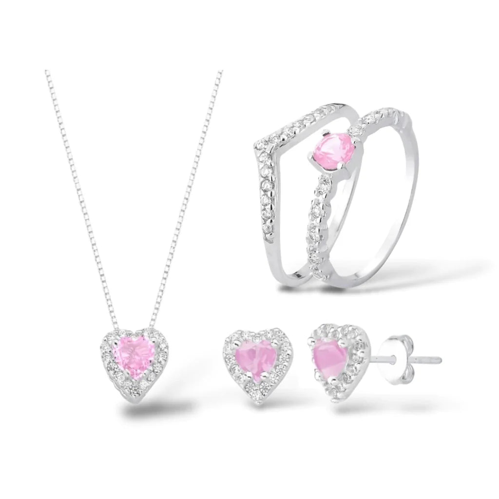 Kit anel Aurora rosa+V cravejado, Colar coração rosa e Brincos coração rosa