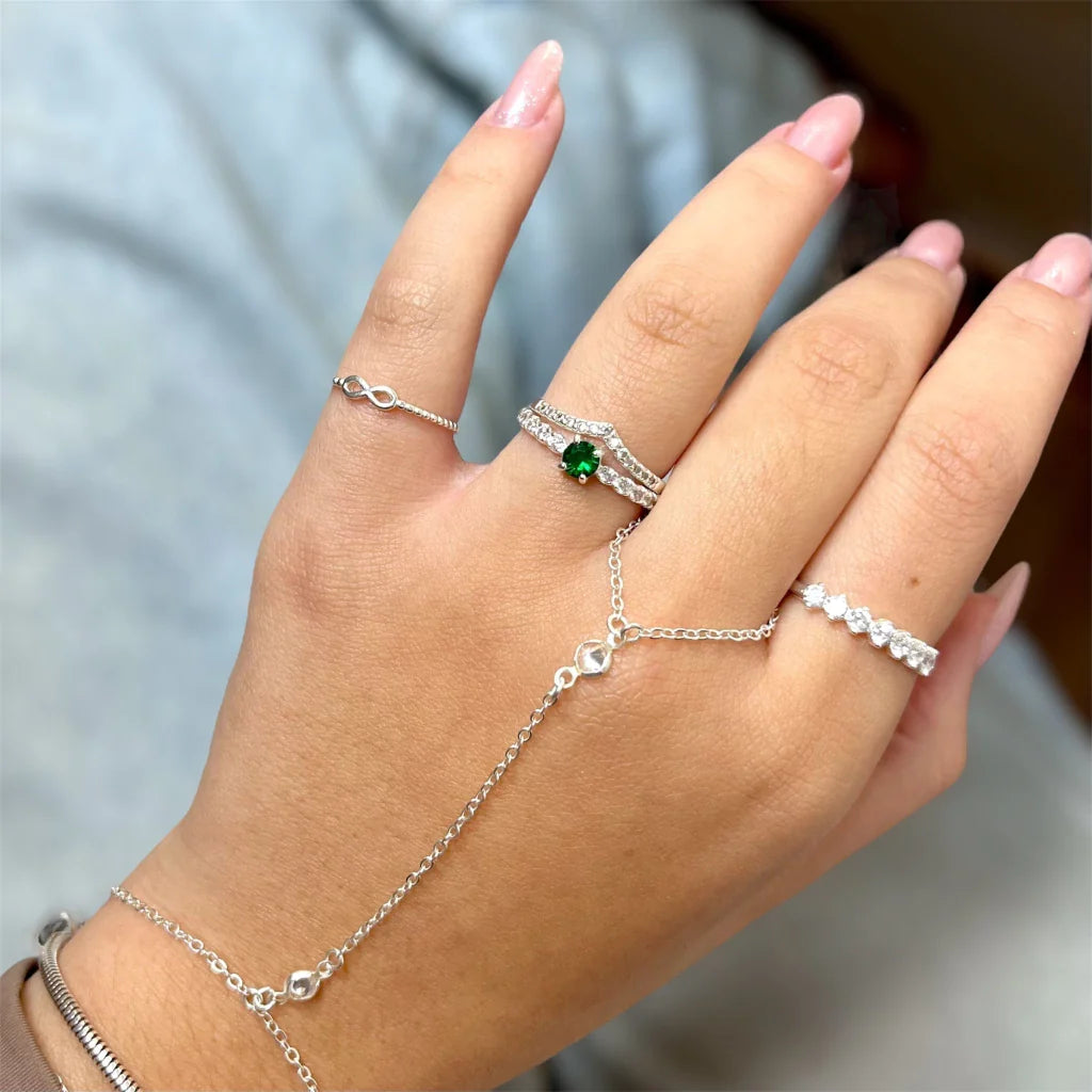 Kit anel Solitário Verde+V cravejado